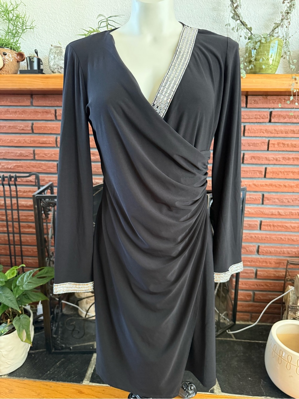 MSK Black Long-Sleeve Ruched Wrap Dress with Crystal Trim
